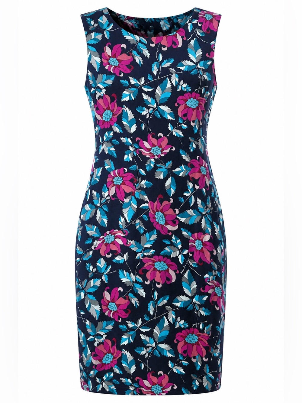 Carmen Marc Valvo Navy Floral Midi Sheath Dress with Pink & Turquoise Blooms